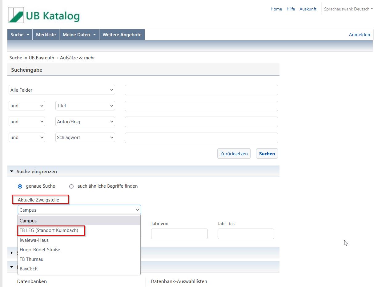 Screenshot UB-Katalog Zweigstellenauswahl