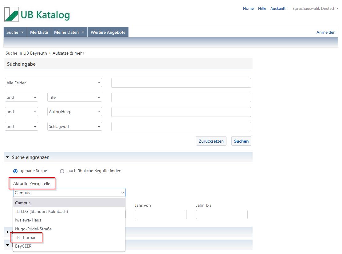 Screenshot UB-Katalog Zweigstellenauswahl