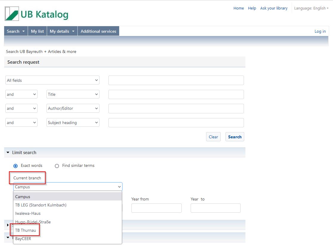 Screenshot UB-Katalog Zweigstellenauswahl
