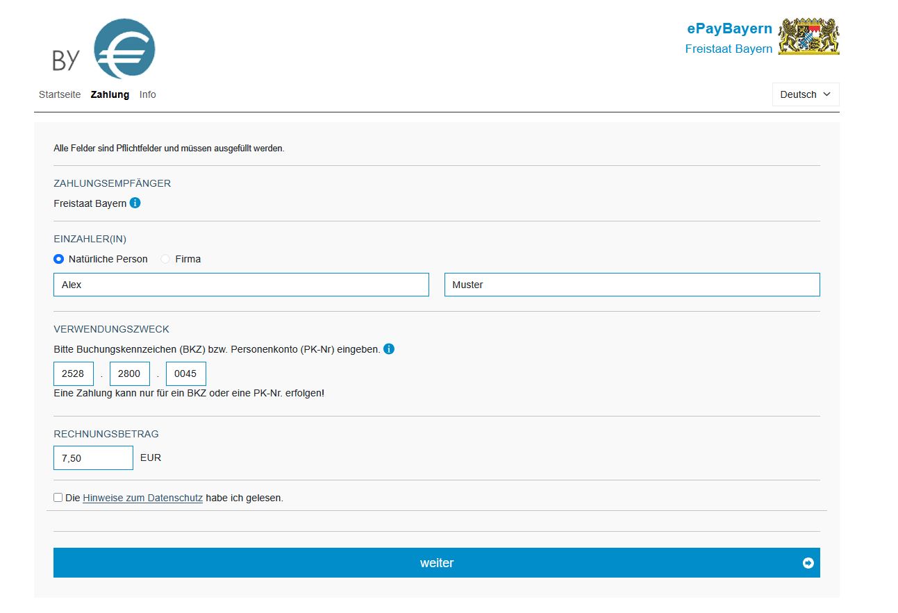 Screenshot Zahlformular ePayBayern