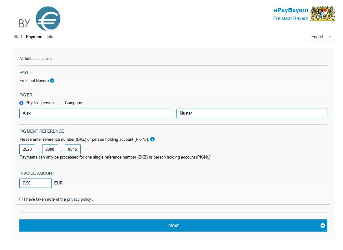 Screenshot payment form ePayBayern