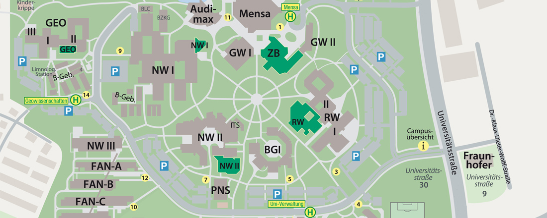 Map of the Departmental Library locations on the campus of the University of Bayreuth